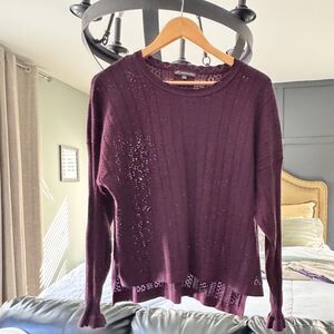 Adrianna Papell Plum Open Knit Sweater Women’s Size Large Ruffle Sleeve Pullover